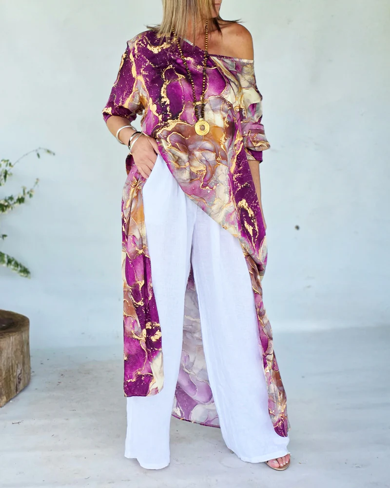 CHICME Women's Marble Print Long Sleeve Blouse Loose Fit High-Low Hem Tunic Top - Image 13