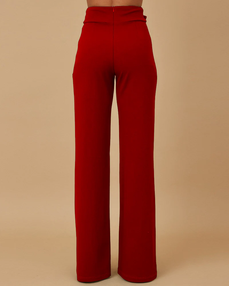 Metal Button Decor High Waist Casual Straight Leg Work Pants - Image 12