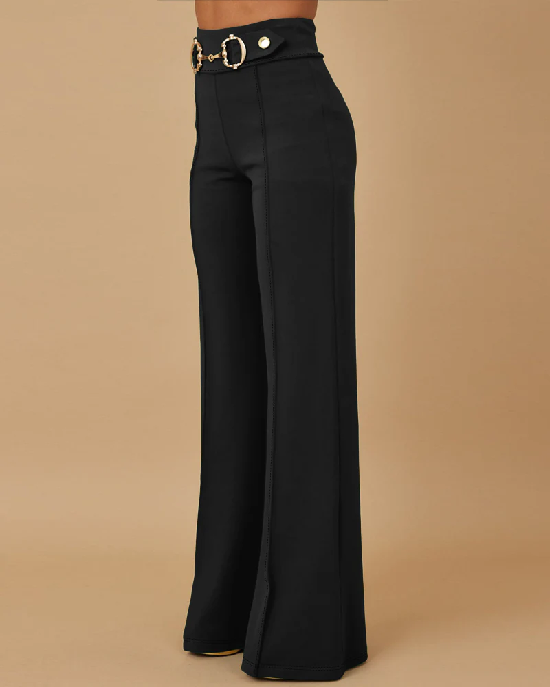Metal Button Decor High Waist Casual Straight Leg Work Pants - Image 17