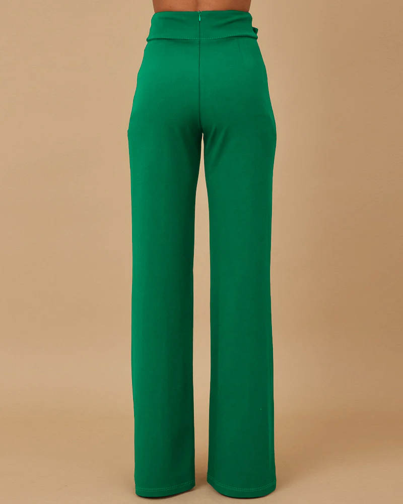 Metal Button Decor High Waist Casual Straight Leg Work Pants - Image 5