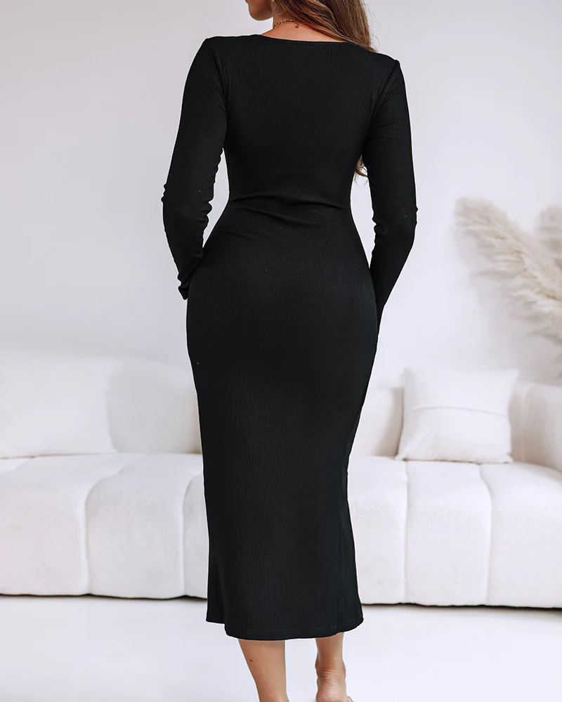 Metal Ring Decor Wrapped Slit Ribbed Commuting Dress Cinched Waist Slim Fit Mid-Length Dress - Image 4