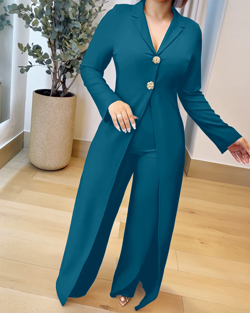 Notched Collar Long Sleeve Button Front Jumpsuit Casual Cinched Waist Wide Leg Faux Two Piece Jumpsuit - Image 11