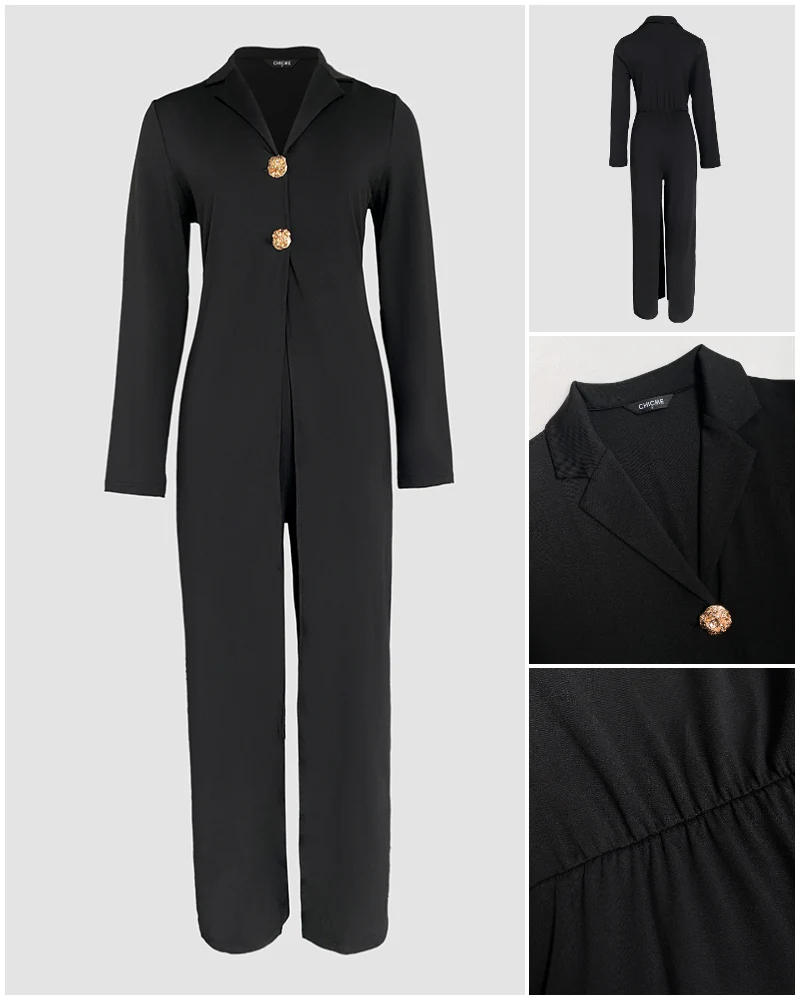 Notched Collar Long Sleeve Button Front Jumpsuit Casual Cinched Waist Wide Leg Faux Two Piece Jumpsuit - Image 5