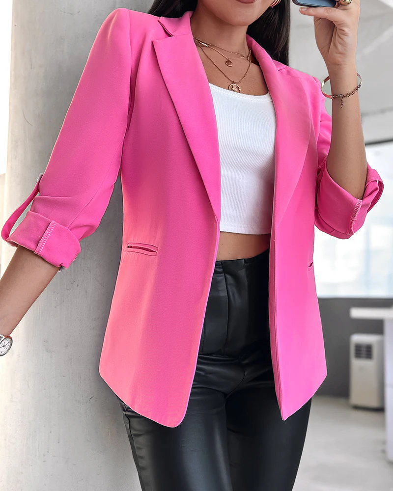 Notched Collar Roll Up Sleeve Blazer Coat - Image 60