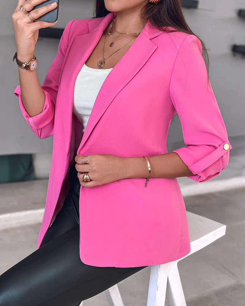 Notched Collar Roll Up Sleeve Blazer Coat - Image 66