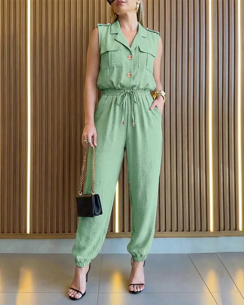 Notched Collar Sleeveless Button Front Stretchy Drawstring Waist Overalls Casual Flap Pockets Design Cuffed Jumpsuit - Image 10