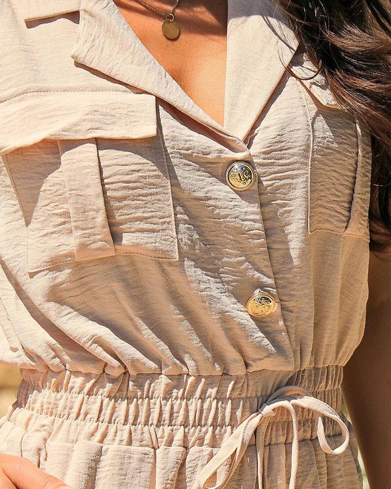 Notched Collar Sleeveless Button Front Stretchy Drawstring Waist Overalls Casual Flap Pockets Design Cuffed Jumpsuit - Image 5