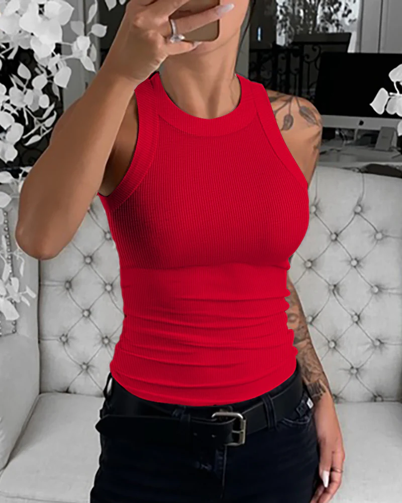 O-Neck Sleeveless Basic Slim Fit Skinny Tank Casual Top(Without Pads) - Image 59
