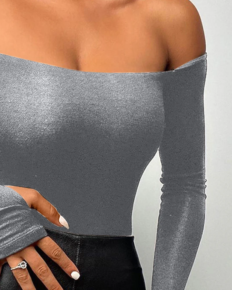 Off Shoulder Long Sleeve Skinny Casual Top - Image 23