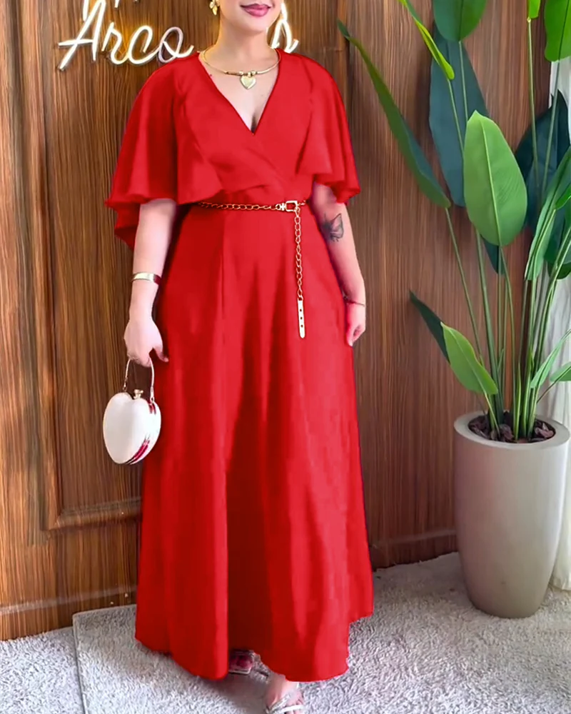Overlap V-Neck Asymmetrical Ruffles Cape Design Cinched Waist Maxi Dress Elegant Shirred Back Evening Dress without Belt - Image 3