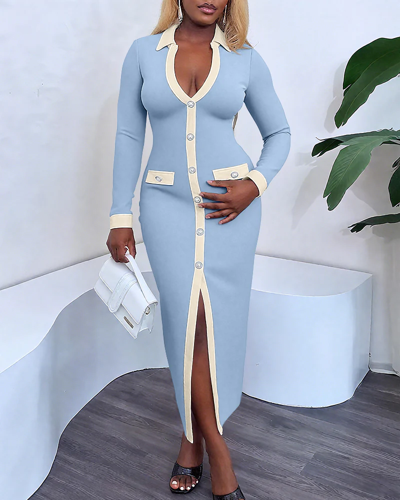 Pearls Button Decor Contrast Paneled Turn-down Collar Slit Front Dress Zipper Side Flap Detail Slim Fit Commuting Dress - Image 11