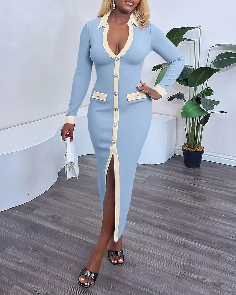 Pearls Button Decor Contrast Paneled Turn-down Collar Slit Front Dress Zipper Side Flap Detail Slim Fit Commuting Dress - Image 14