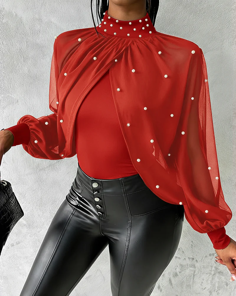 Pearls Decor High Neck Chiffon Draped Cape-style Cloak Sleeve Spliced Tee Ruched Hollow-out Back Slim Fit Top - Image 9