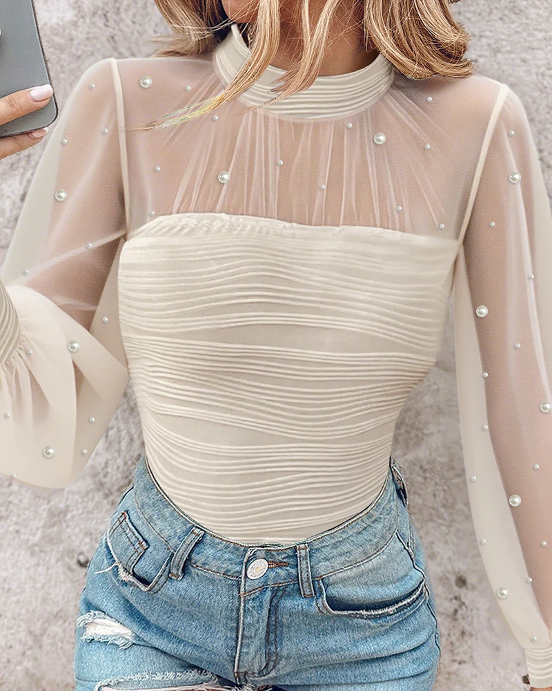 Pearls Decor Mock Neck Sheer Mesh Spliced Ruched Tee Hollow-out Back Slim Fit Textured Top - Image 14