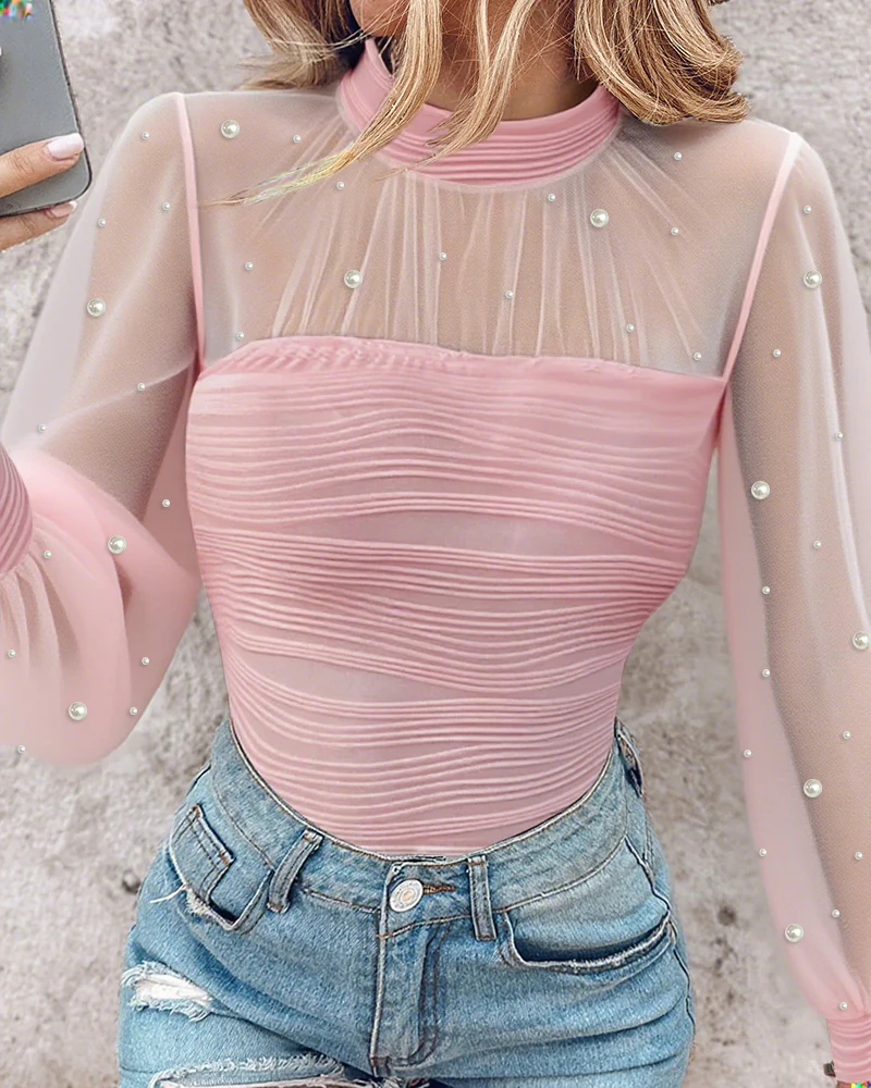 Pearls Decor Mock Neck Sheer Mesh Spliced Ruched Tee Hollow-out Back Slim Fit Textured Top - Image 18