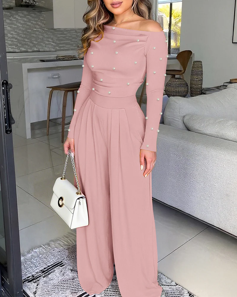 Pearls Decor Skew Neck Long Sleeve Cinched Waist Overalls Casual Ruched Zipper Back Wide Leg Jumpsuit - Image 12