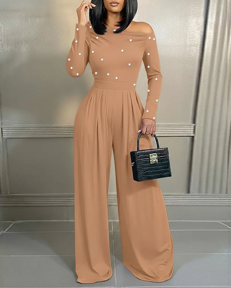 Pearls Decor Skew Neck Long Sleeve Cinched Waist Overalls Casual Ruched Zipper Back Wide Leg Jumpsuit - Image 18
