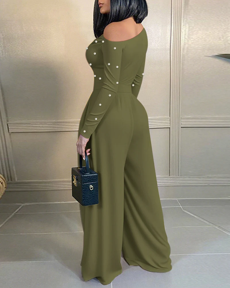 Pearls Decor Skew Neck Long Sleeve Cinched Waist Overalls Casual Ruched Zipper Back Wide Leg Jumpsuit - Image 24