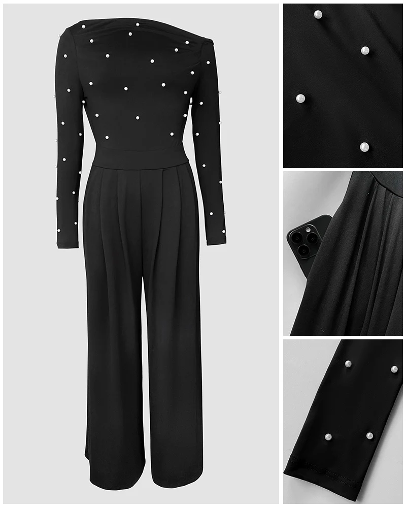 Pearls Decor Skew Neck Long Sleeve Cinched Waist Overalls Casual Ruched Zipper Back Wide Leg Jumpsuit - Image 7