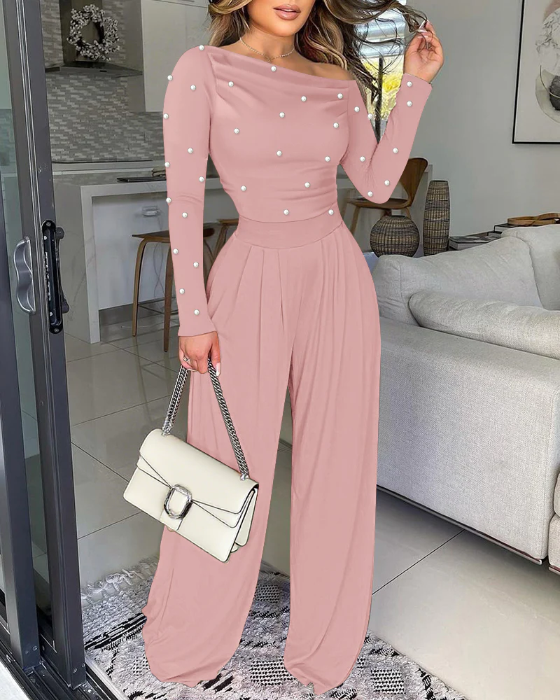 Pearls Decor Skew Neck Long Sleeve Cinched Waist Overalls Casual Ruched Zipper Back Wide Leg Jumpsuit - Image 8