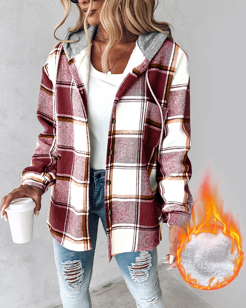 Plaid Pattern Long Sleeve Shacket Button Down Fleece Lined Hooded Jackets Warm Coat - Image 14