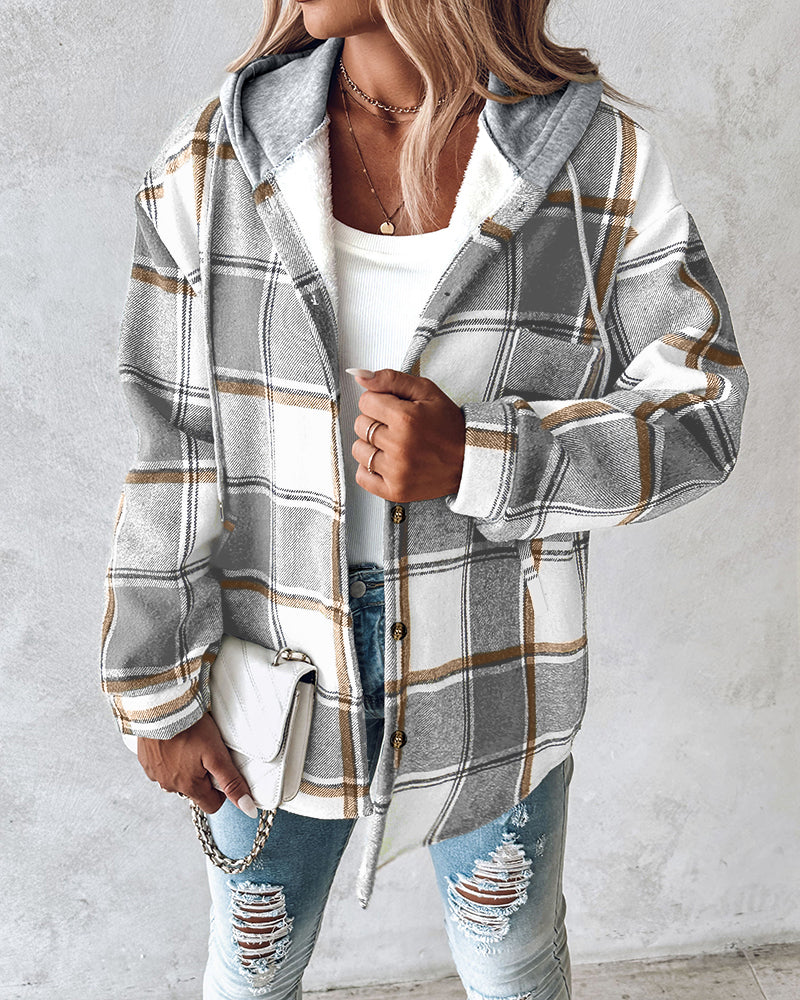 Plaid Pattern Long Sleeve Shacket Button Down Fleece Lined Hooded Jackets Warm Coat - Image 24
