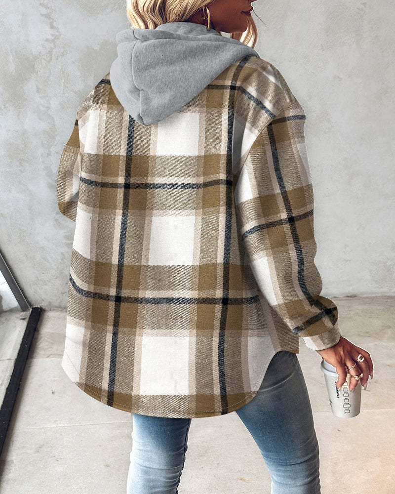 Plaid Print Button Front Pocket Design Drawstring Hoodie Jacket Casual Asymmetrical Hem Thermal Lined Shirt Coat - Image 2