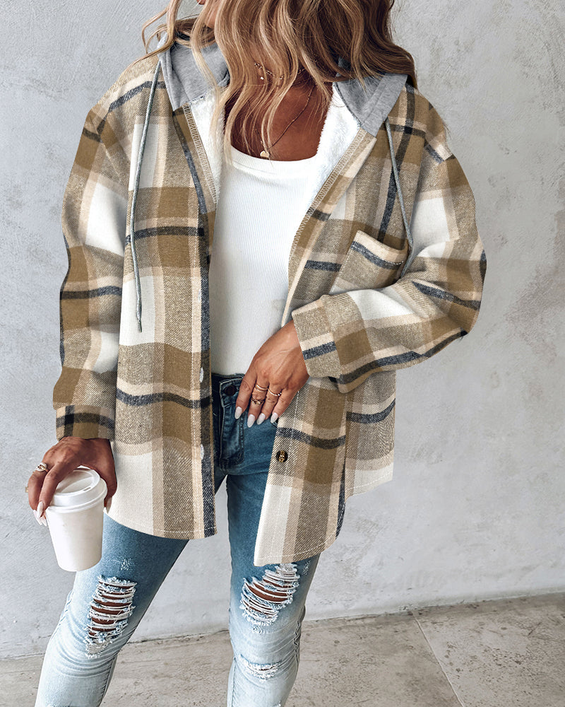 Plaid Print Button Front Pocket Design Drawstring Hoodie Jacket Casual Asymmetrical Hem Thermal Lined Shirt Coat - Image 5