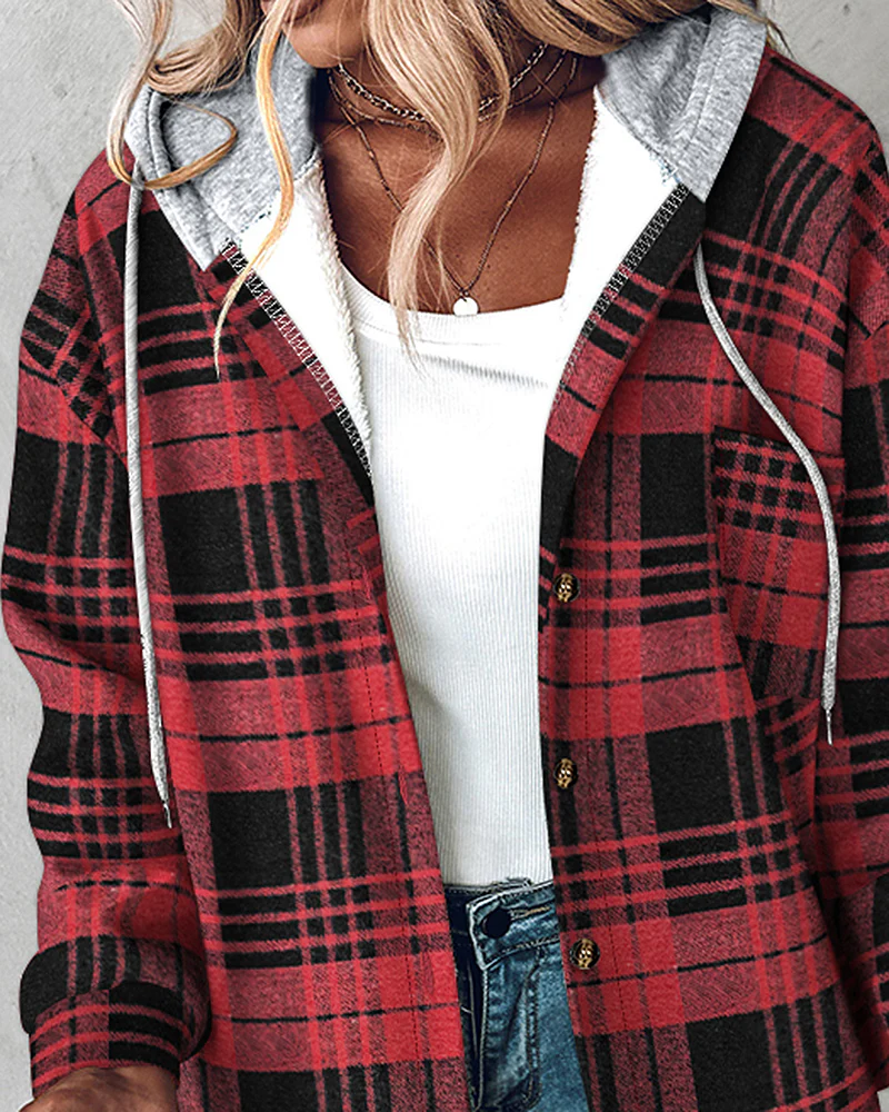 Plaid Print Button Front Pocket Design Drawstring Hoodie Jacket Casual Asymmetrical Hem Thermal Lined Warm Coat - Image 4