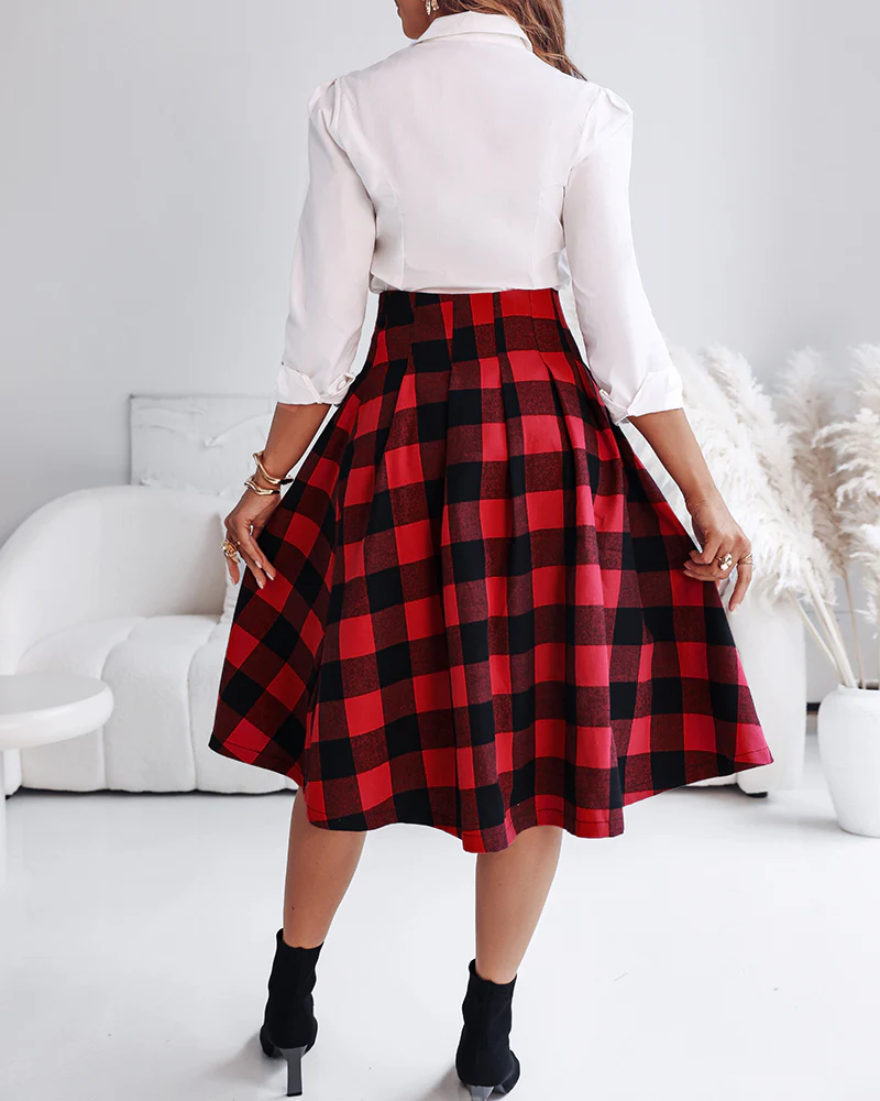 Plaid Print High Waist Side Slit Mid-length Skirt Casual Double Buckle A Line Pleated Skirt - Image 5