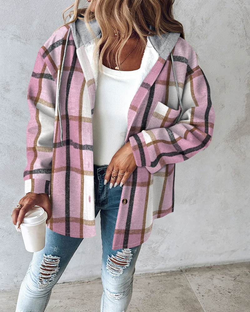 Plaid Print Long Sleeve Button Front Drawstring Hoodie Coat Casual Pocket Design Thermal Lined Shirt Coat - Image 3