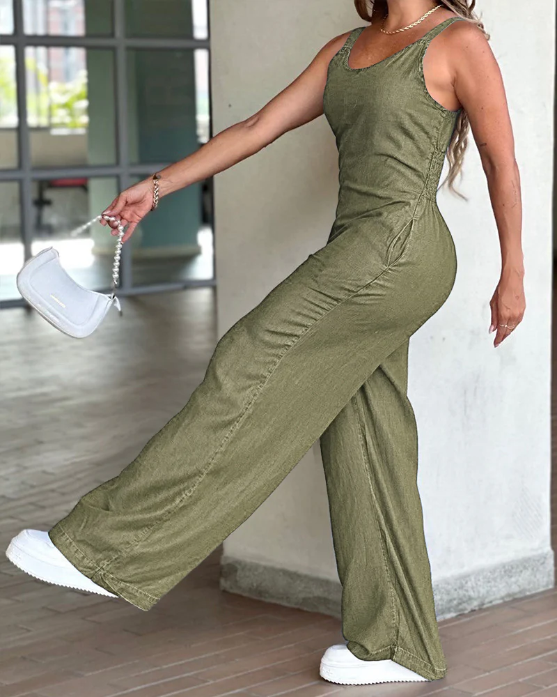 V-Neck Adjustable Thick Straps Denim Overalls Casual Shirred Back Wide Leg Suspender Jumpsuit - Image 23