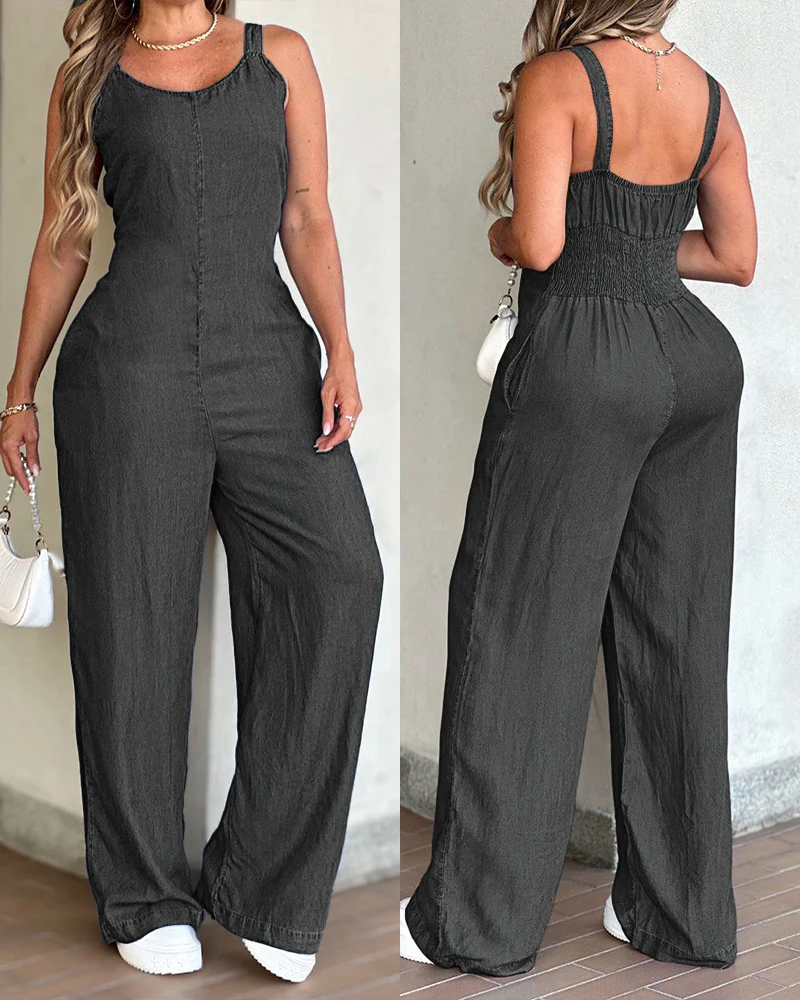 V-Neck Adjustable Thick Straps Denim Overalls Casual Shirred Back Wide Leg Suspender Jumpsuit - Image 6