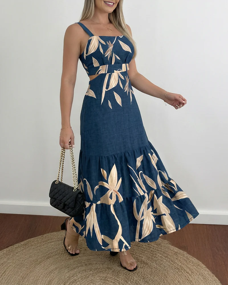 Plants Placement Print Adjustable Straps Cutout Waist Shirred Back Maxi Dress Casual Cinched Waist Ruffle Hem Vacation Dress - Image 3