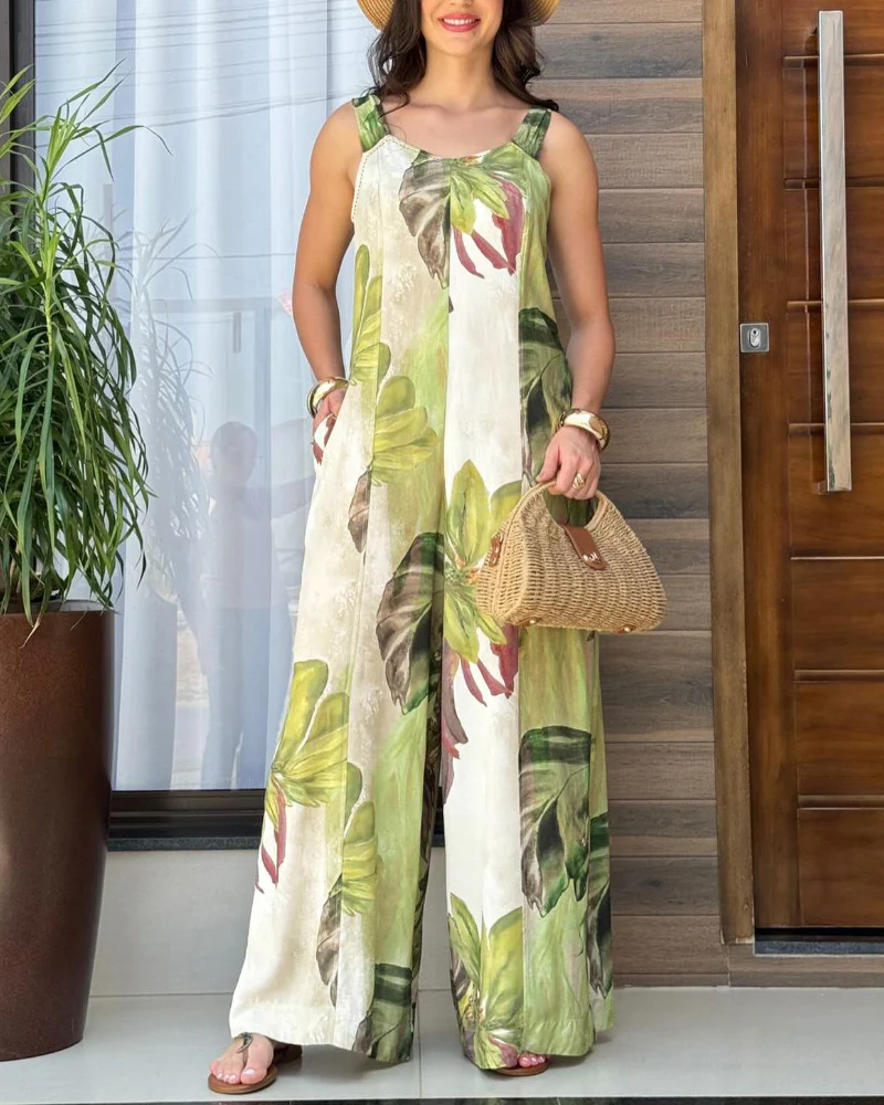 Plants Print Thick Strap Backless Seam Design Overalls Casual Wide Leg Jumpsuit - Image 3