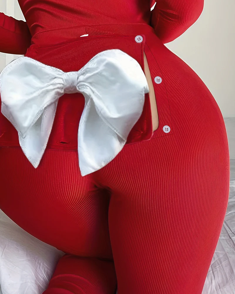 Plunge Long Sleeve Bowknot Decor Functional Onesie - Image 3