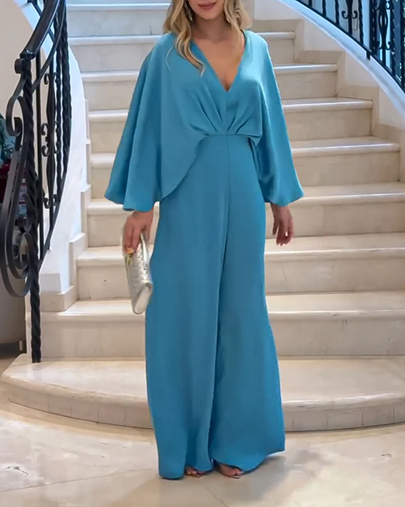 Plunge V Neck Ruched Batwing Sleeve Jumpsuit Casual Wide Leg Romper - Image 4