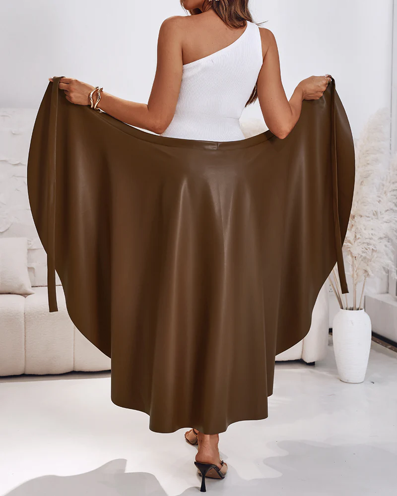PU Leather Wrap Lace-Up Casual Mid-Length Skirt Work Skirt - Image 13