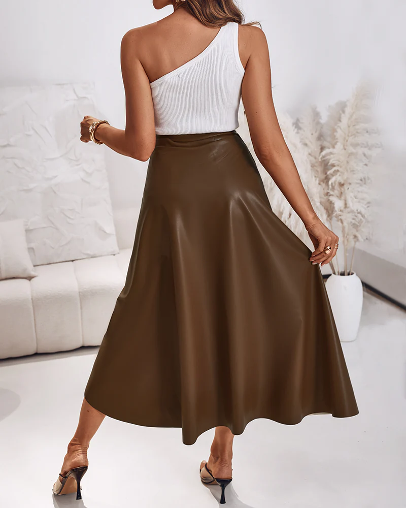 PU Leather Wrap Lace-Up Casual Mid-Length Skirt Work Skirt - Image 4