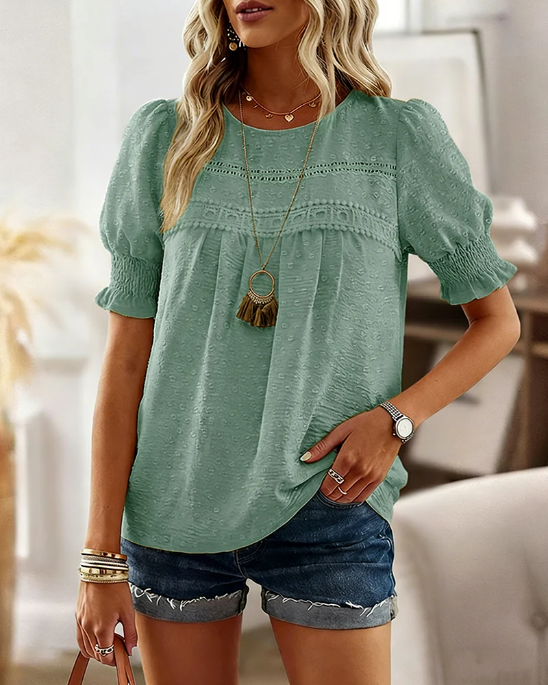 Puff Sleeve Hollow-out Lace Spliced 3D Jacquard Blouse Casual Shirred Cuffs Loose Fit Top - Image 16