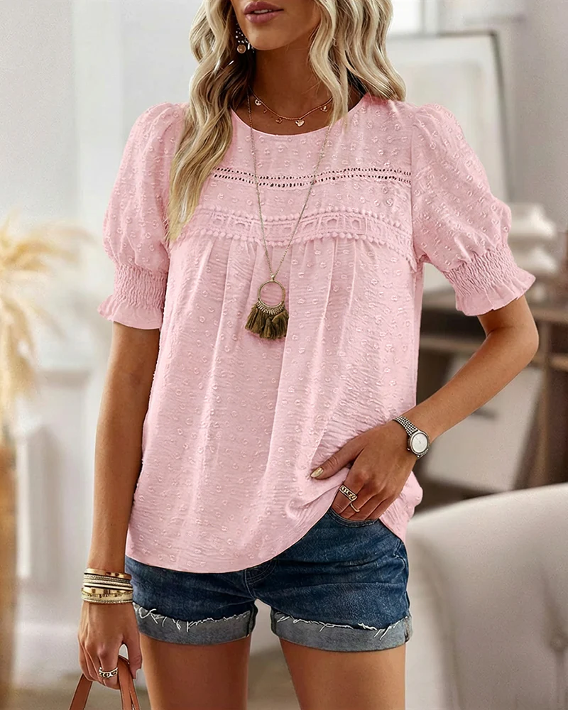 Puff Sleeve Hollow-out Lace Spliced 3D Jacquard Blouse Casual Shirred Cuffs Loose Fit Top - Image 21