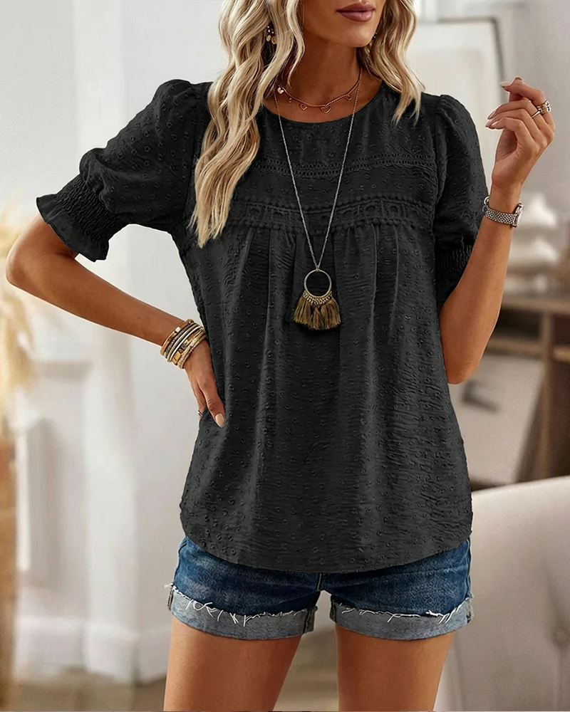Puff Sleeve Hollow-out Lace Spliced 3D Jacquard Blouse Casual Shirred Cuffs Loose Fit Top - Image 8