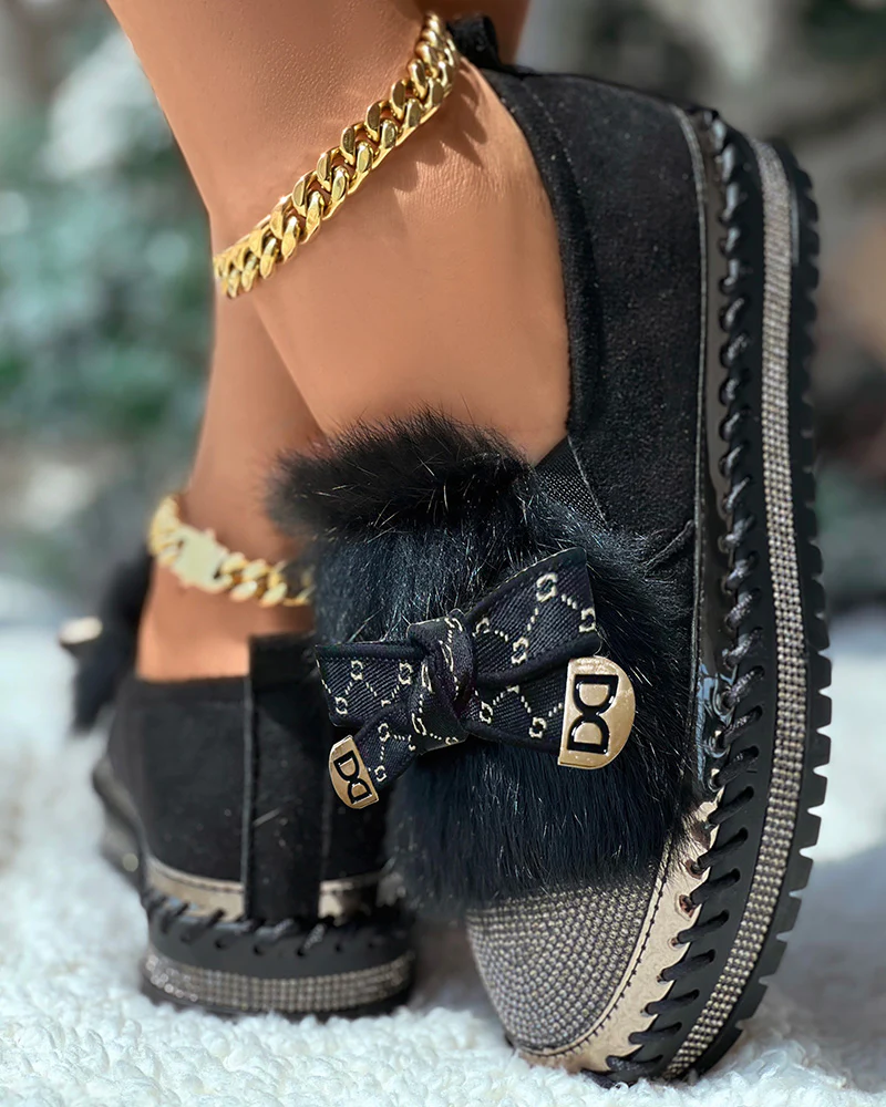 Rhinestone Bowknot Design Platform Fuzzy Slip-On Loafers - Image 6