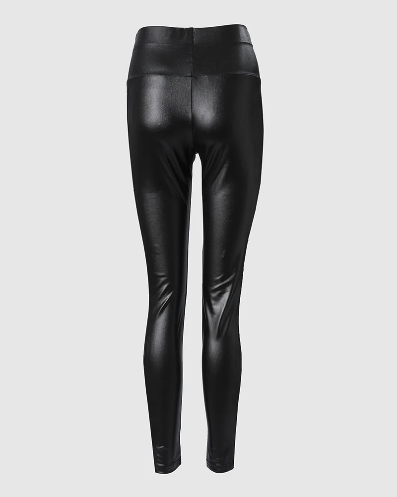 Rhinestone Contrast Mesh High Waist Skinny Pants Sexy Slim Fit Pu Leather Pants - Image 5