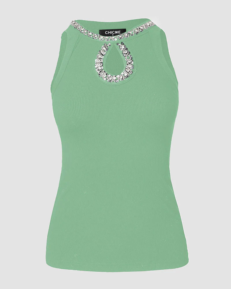 Rhinestone Contrast Sequin Keyhole Neck Sleeveless Slim Fit Elasticity Ribbed Top Elegant Tank - Image 45