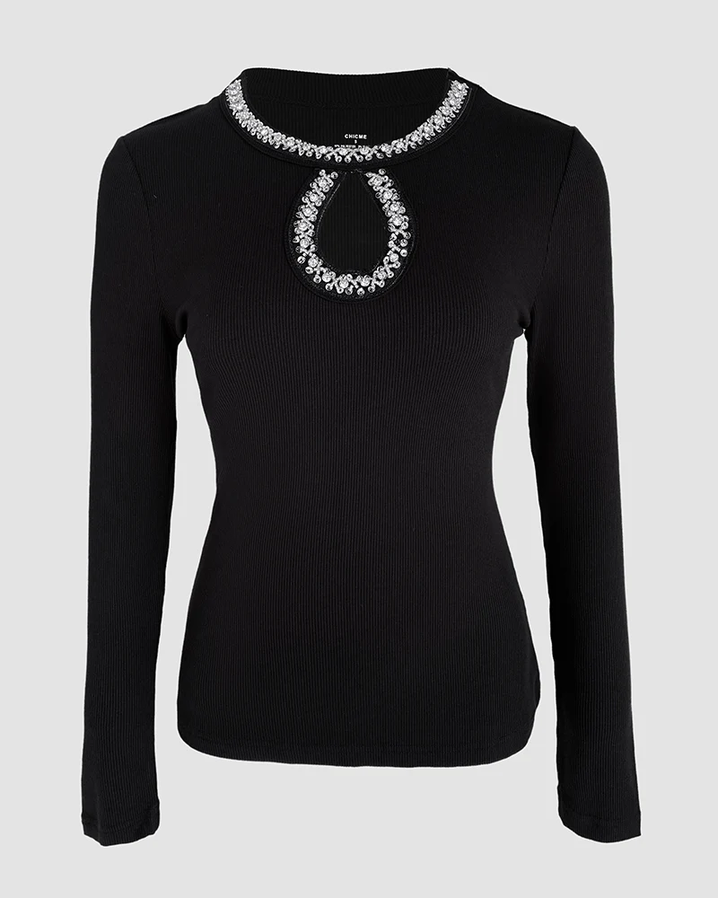 Rhinestone Decor Keyhole Neck Hollow Water Drop Ribbed Top Long Sleeve Slim Fit Layering Top - Image 6