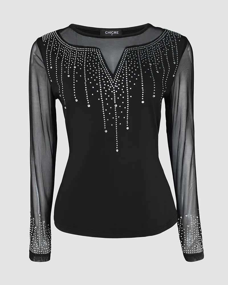 Rhinestone Decor Long Sleeve Sheer Mesh Spliced Tee Slim Fit Top - Image 5
