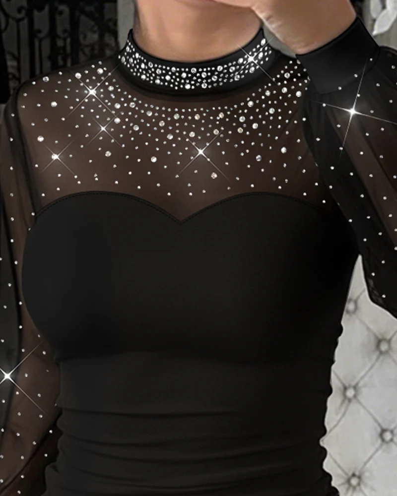 Rhinestone Decor Mock Neck Lantern Sleeve Sheer Mesh Spliced Tee Hollow-out Back Slim Fit Top - Image 4