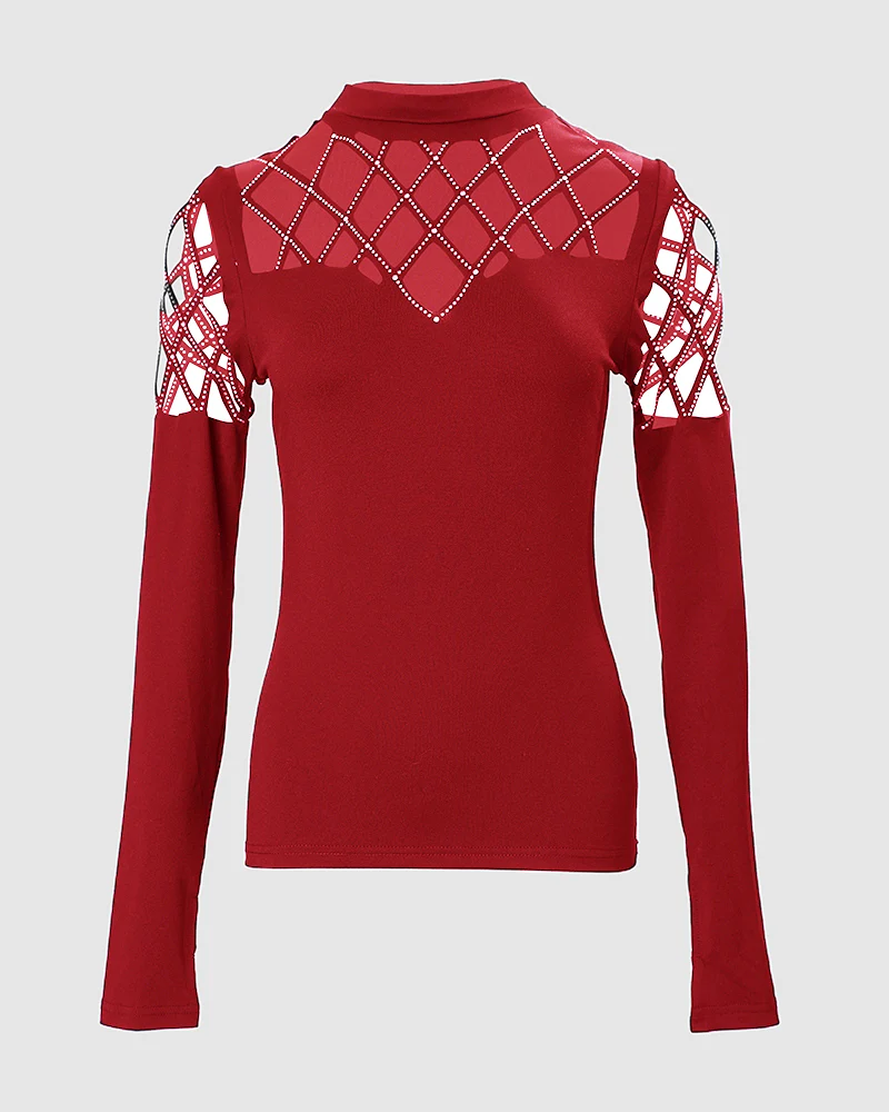 Rhinestone Hollow Out Cold Shoulder Long Sleeve Top Casual Tee - Image 10