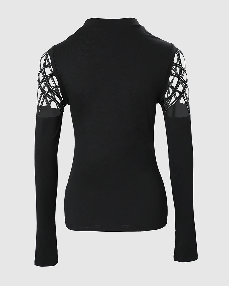 Rhinestone Hollow Out Cold Shoulder Long Sleeve Top Casual Tee - Image 5